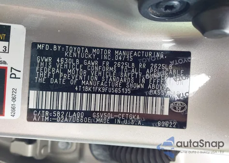 2015 Toyota Camry Xle V6 from USA, damaged, VIN 4T1BK1FK9FU565135